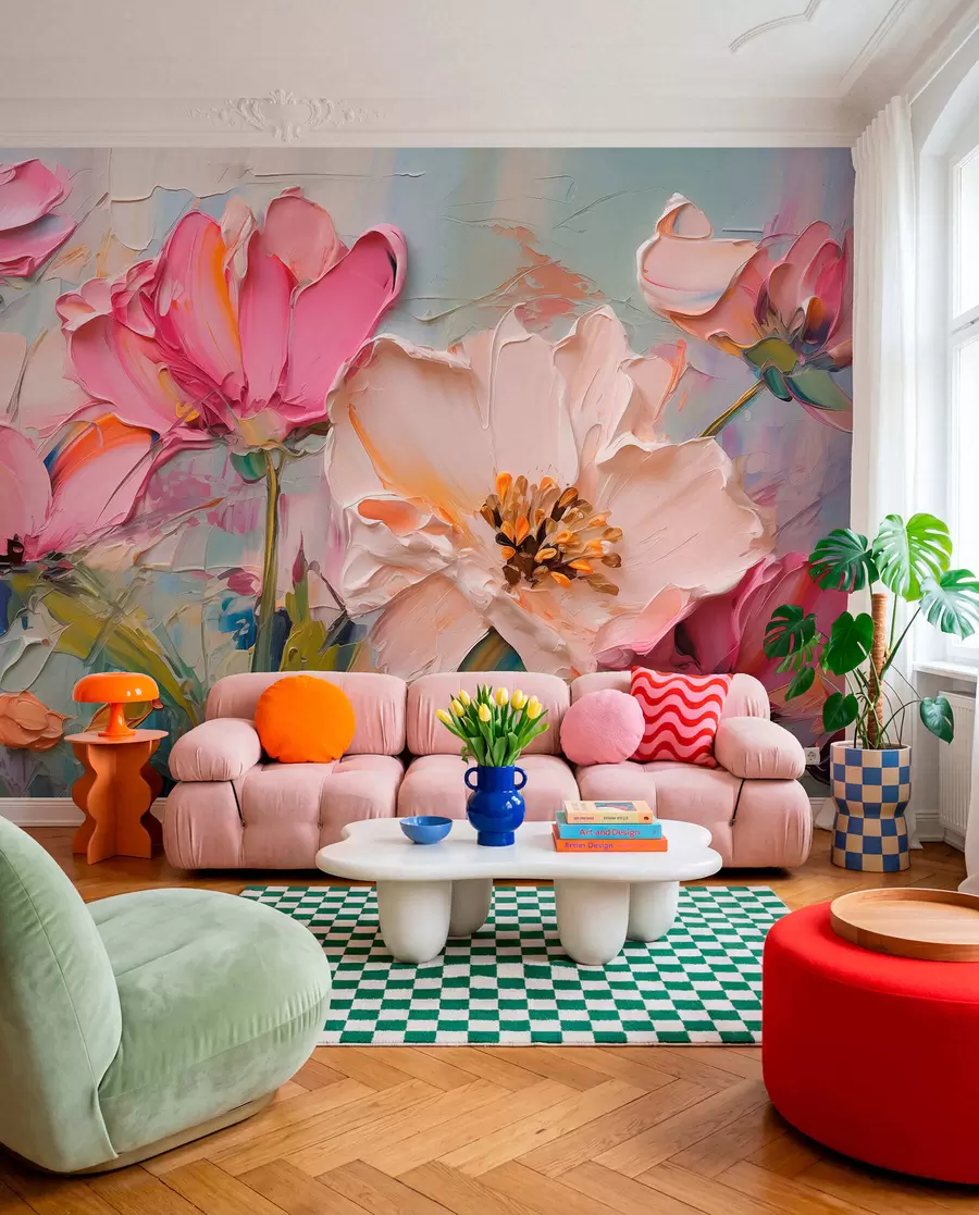 murales de pared Flores de color rosa brillante sobre un fondo gris azulado claro w01039
