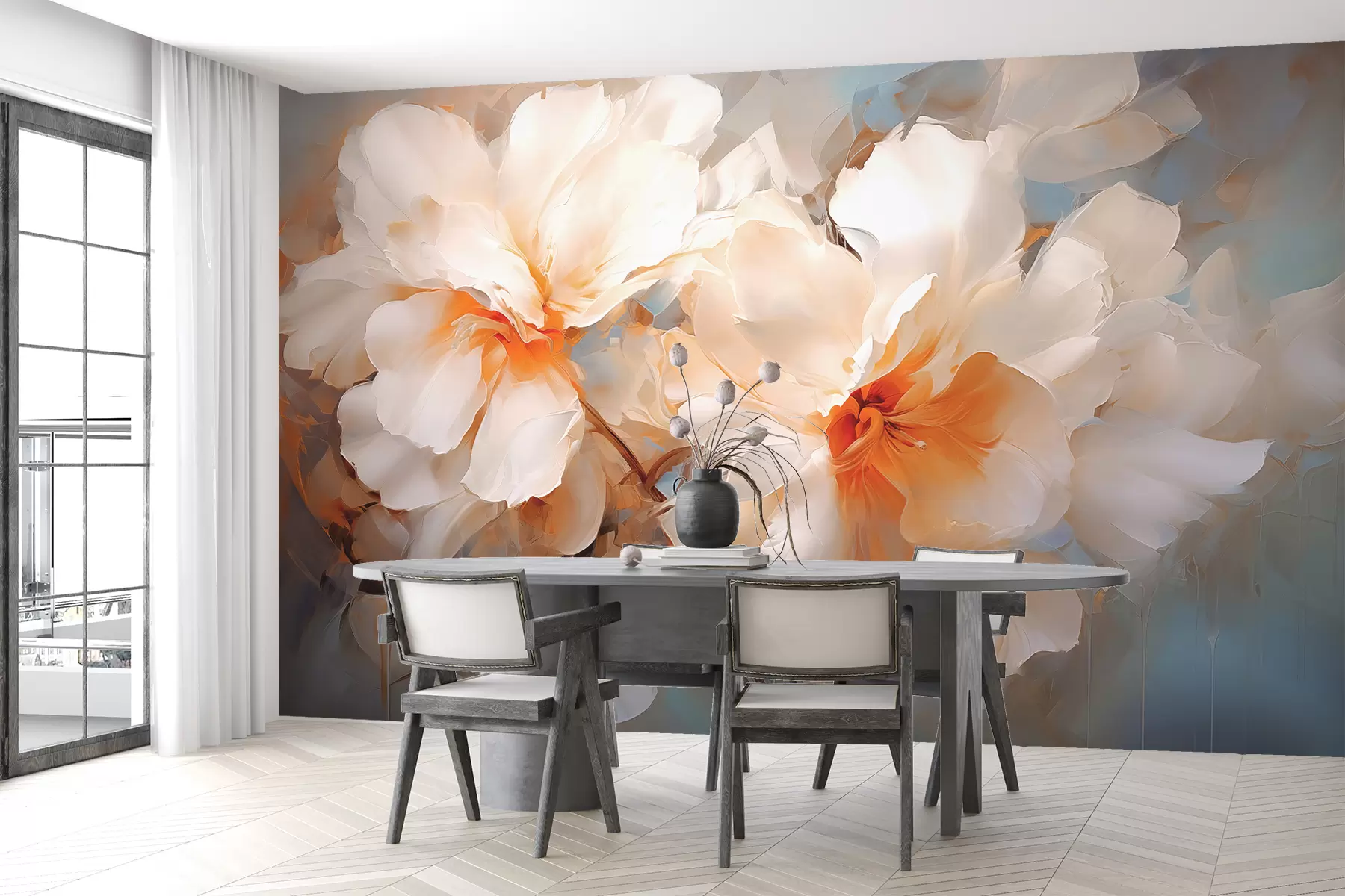 murales de pared Un par de grandes flores blancas sobre un fondo azul grisáceo. w01042