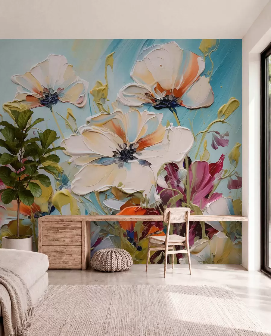 murales de pared Amapolas blancas abstractas sobre fondo azul, imitación de pinceladas w01043