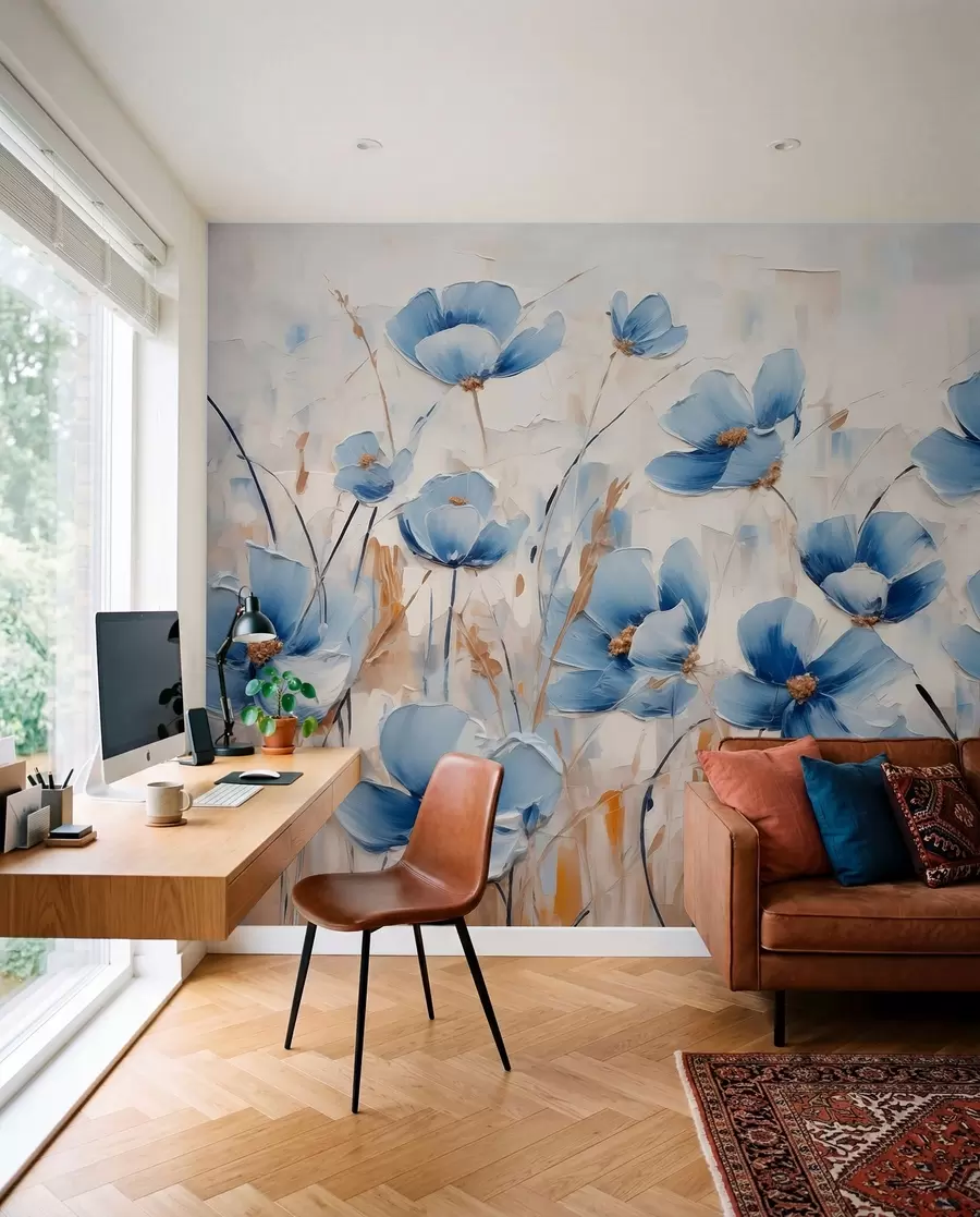 murales de pared Flores azules sobre fondo abstracto, imitación de pinceladas de óleo w01045