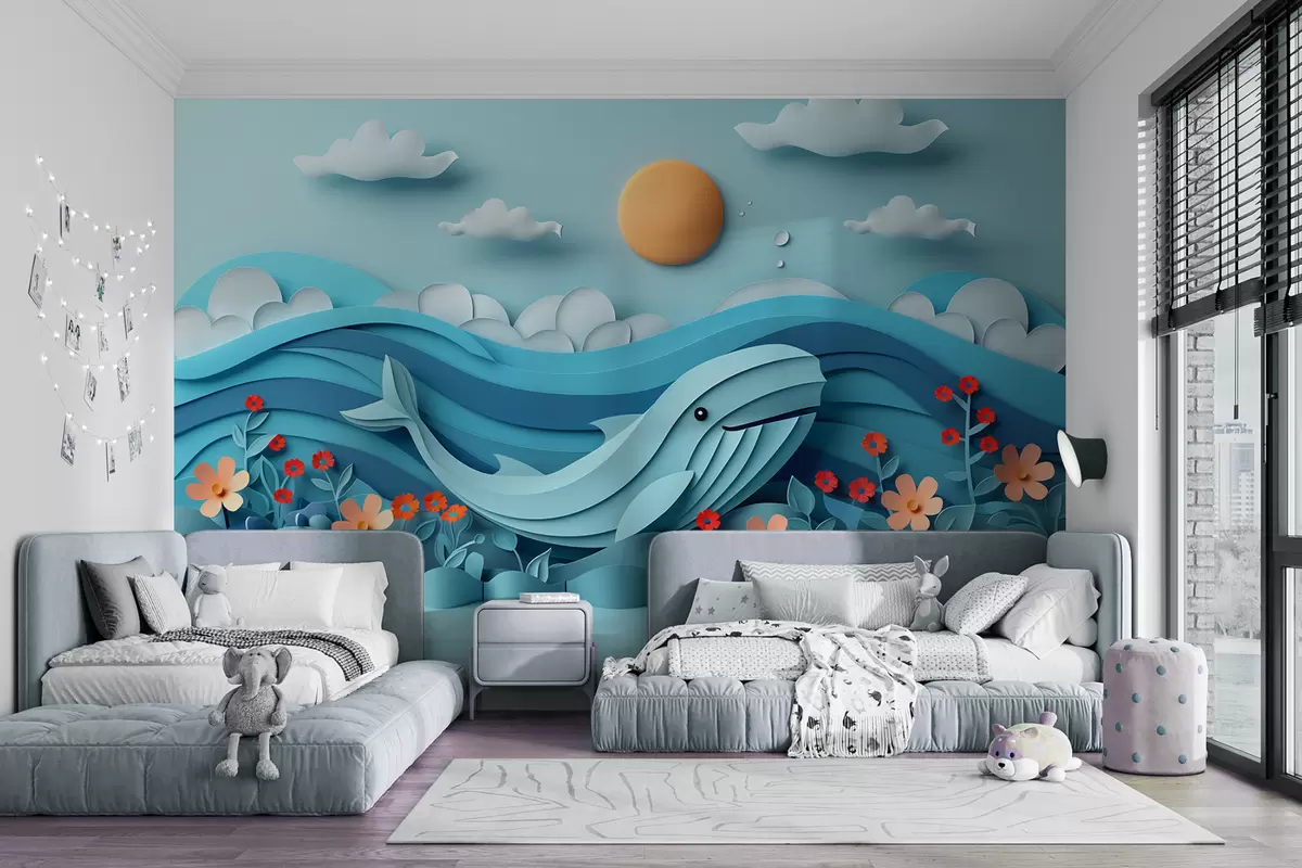murales de pared Ballena linda cortada en papel sobre fondo azul w01430