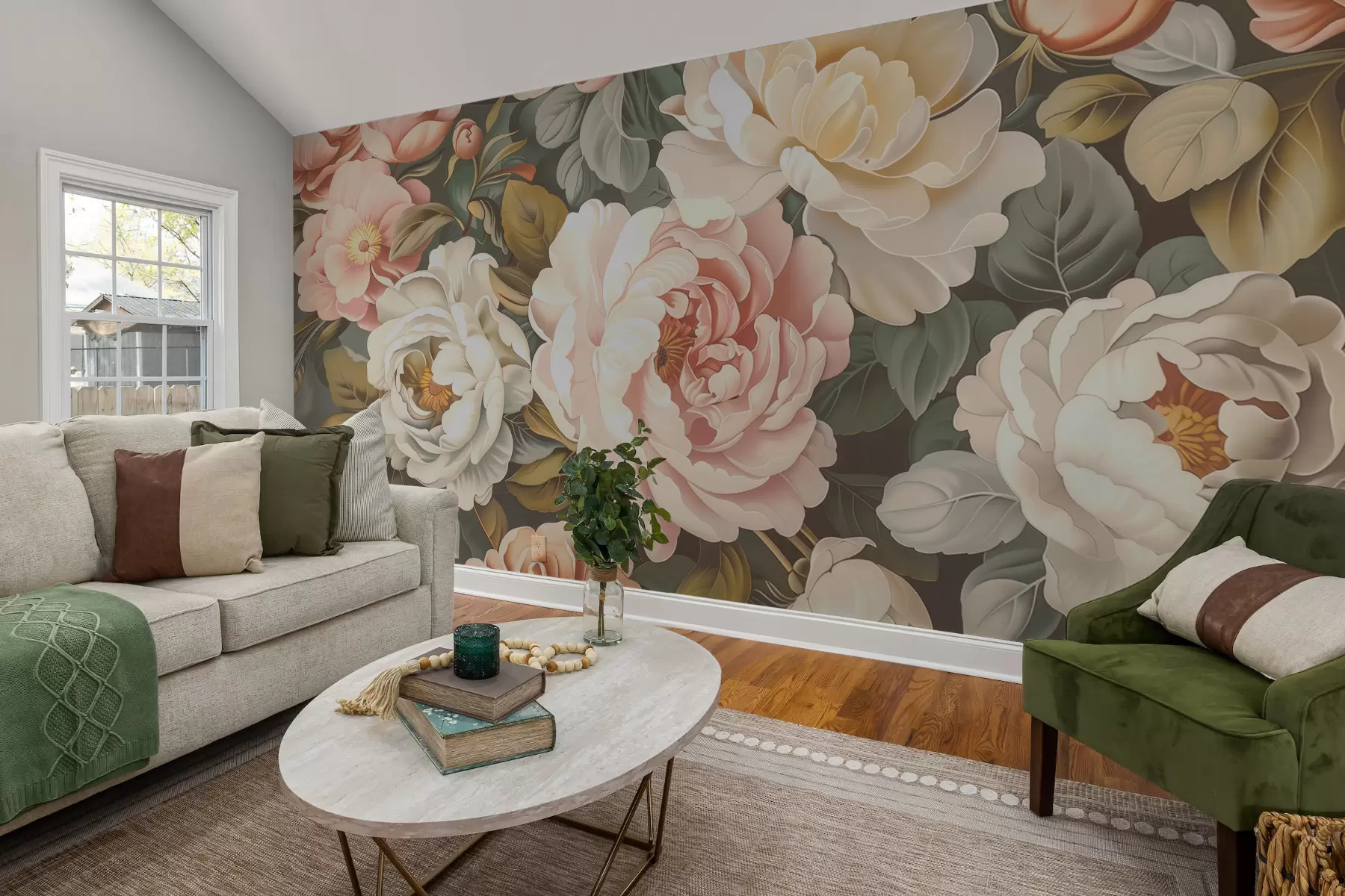murales de pared Un ramo de grandes y exuberantes peonías y rosas florecientes en colores pastel. w01495v1