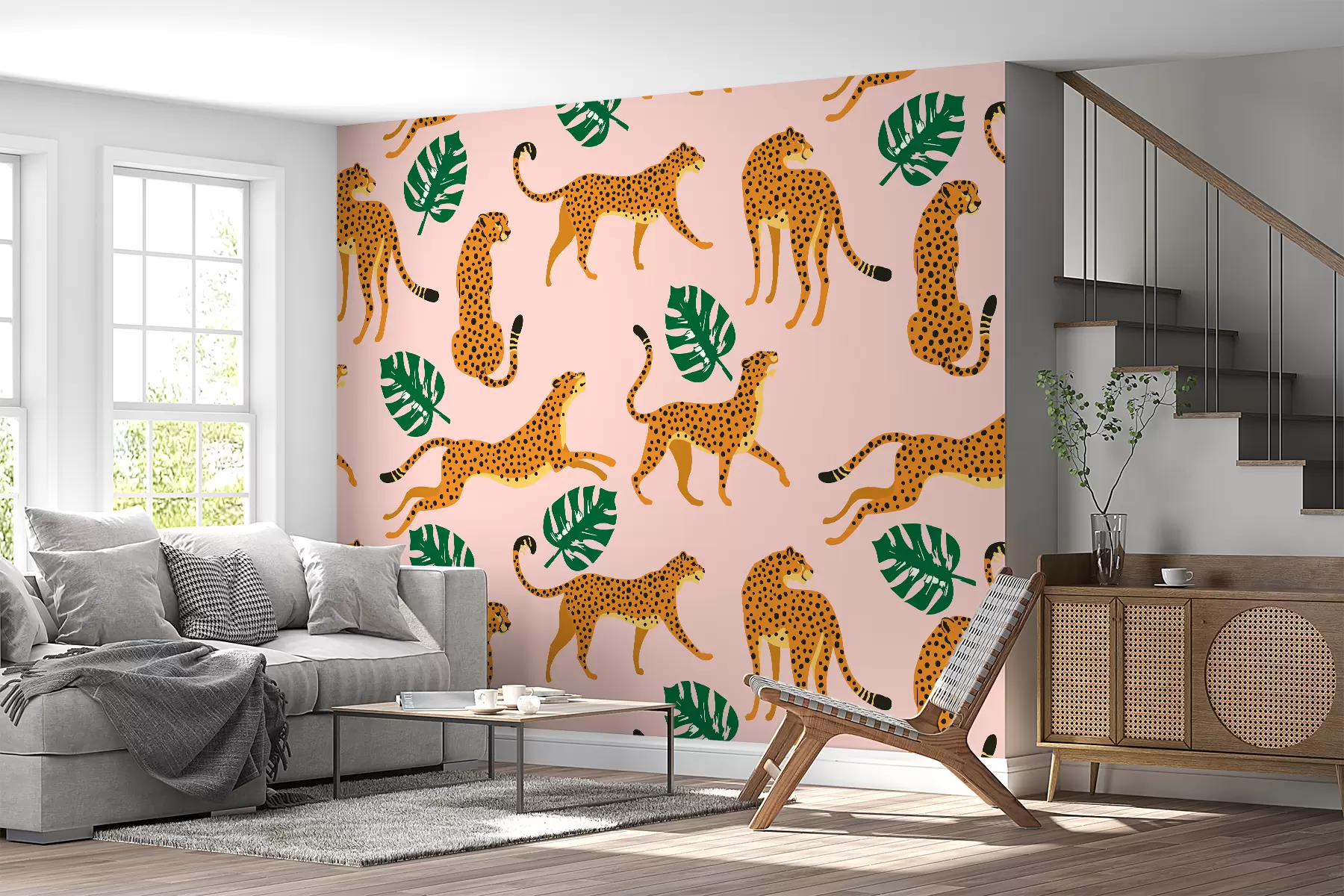 murales de pared Leopardo, hojas, fondo rosa. w01514