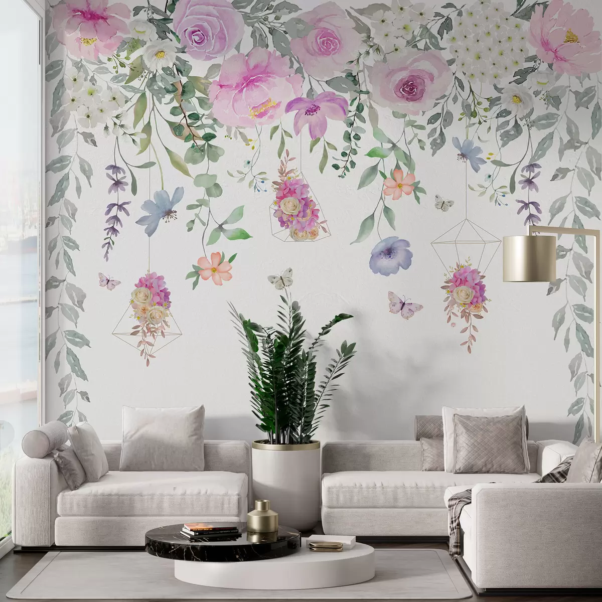 Murales de pared Flores colgantes, adornos florales y mariposas. w01517 murales de pared Flores colgantes, adornos florales y mariposas. w01517