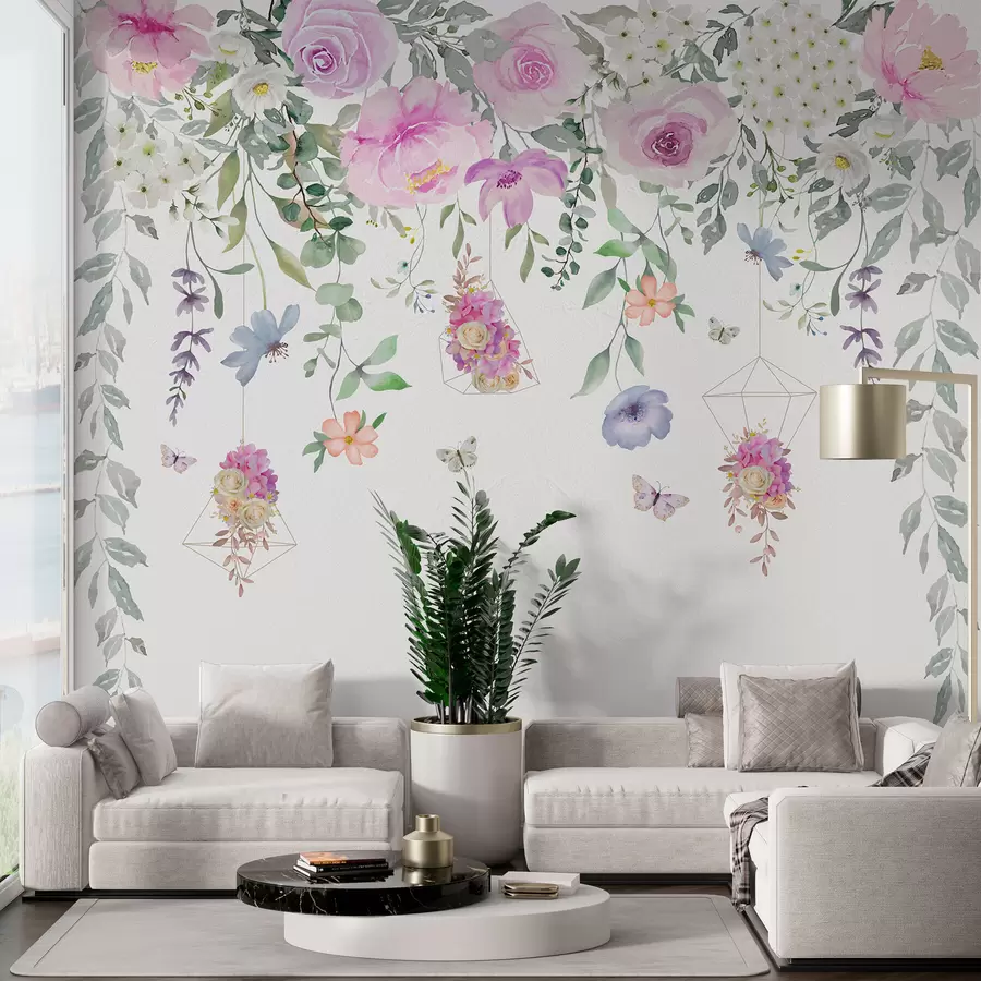 Murales de pared Flores colgantes, adornos florales y mariposas. w01517 murales de pared Flores colgantes, adornos florales y mariposas. w01517