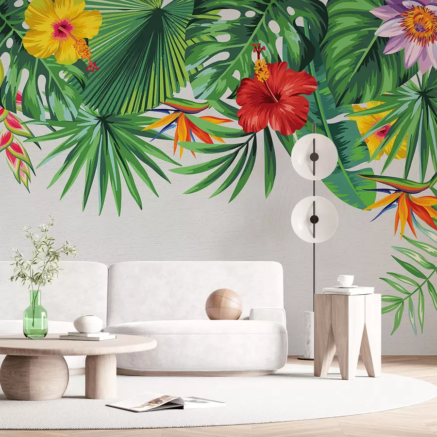 Murales de pared hojas tropicales, flores tropicales, hojas verdes, hojas grandes en la parte superior w01085 murales de pared hojas tropicales, flores tropicales, hojas verdes, hojas grandes en la parte superior w01085