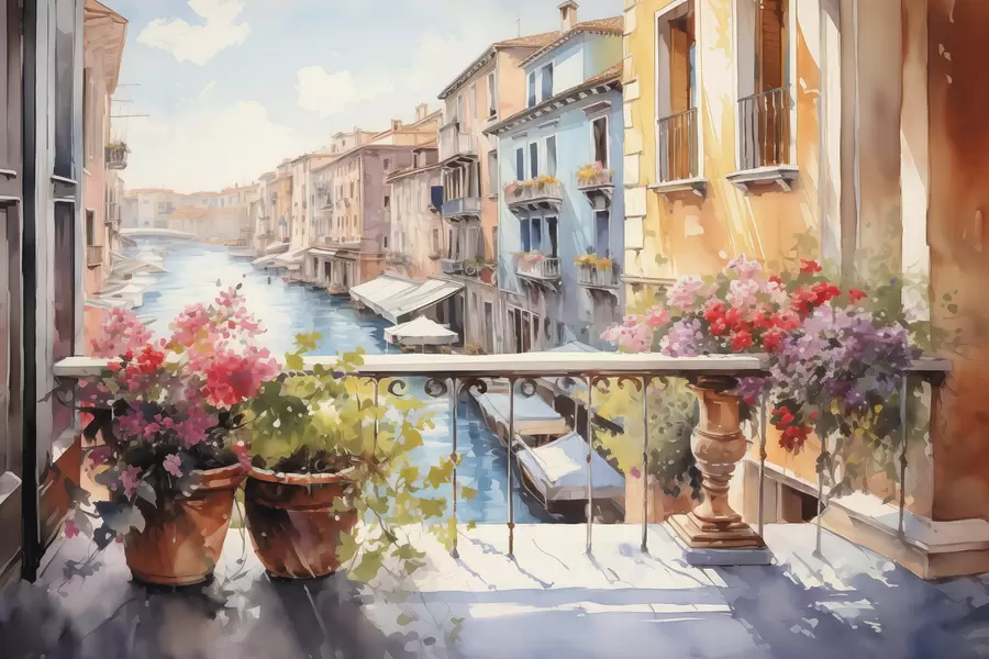 murales de pared Flores en macetas en un balcón de Venecia acuarela w01052