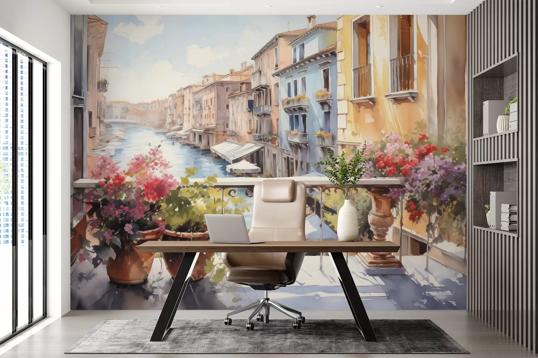 murales de pared Flores en macetas en un balcón de Venecia acuarela w01052