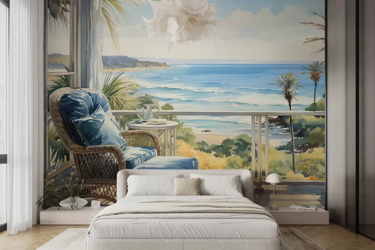 murales de pared Silla azul en la terraza con vistas al mar y palmeras acuarela w01053