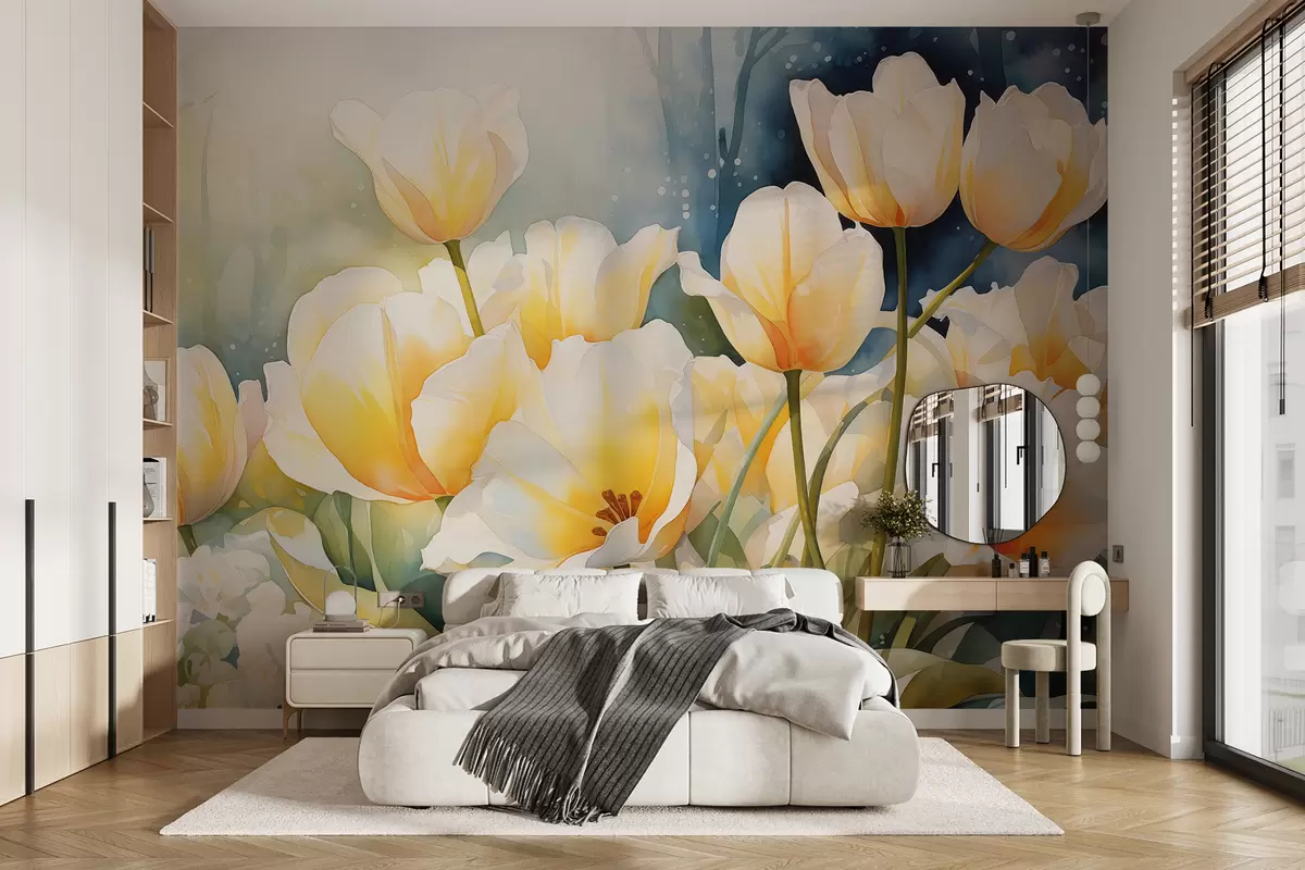 murales de pared Tulipanes amarillos acuarela w01060