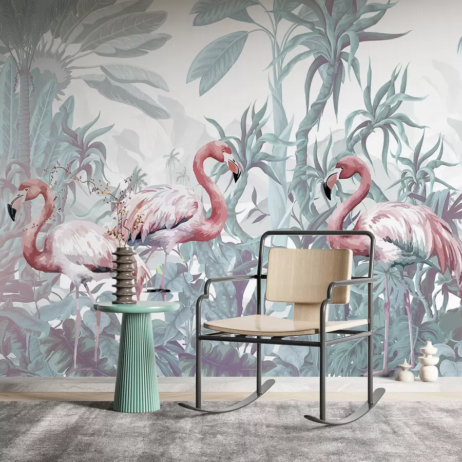 murales de pared  Flamencos rosas de pie en un exuberante follaje tropical con grandes hojas de palmera y flores en tonos verdes y blancos w08250v1
