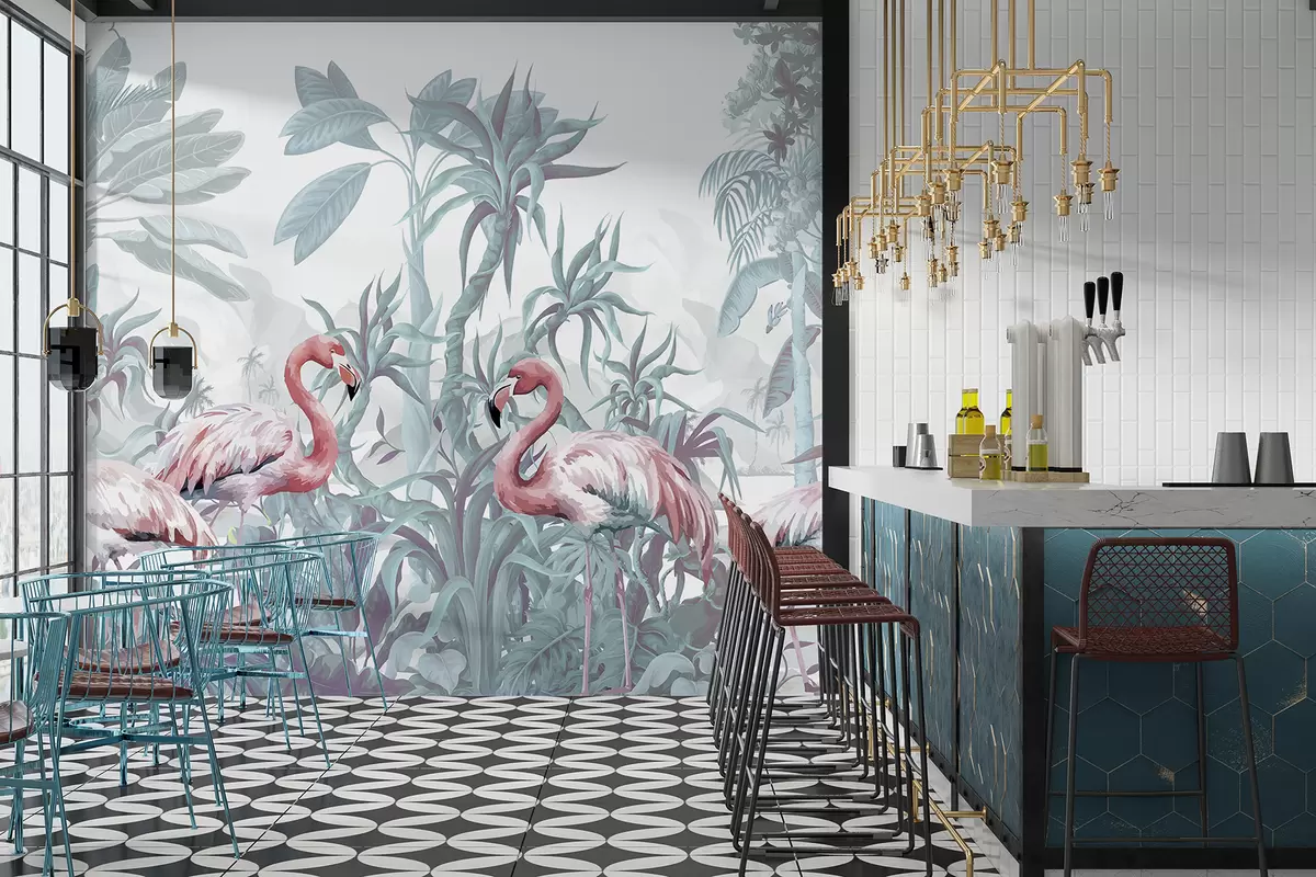 Murales de pared  Flamencos rosas de pie en un exuberante follaje tropical con grandes hojas de palmera y flores en tonos verdes y blancos w08250v1 murales de pared  Flamencos rosas de pie en un exuberante follaje tropical con grandes hojas de palmera y flores en tonos verdes y blancos w08250v1