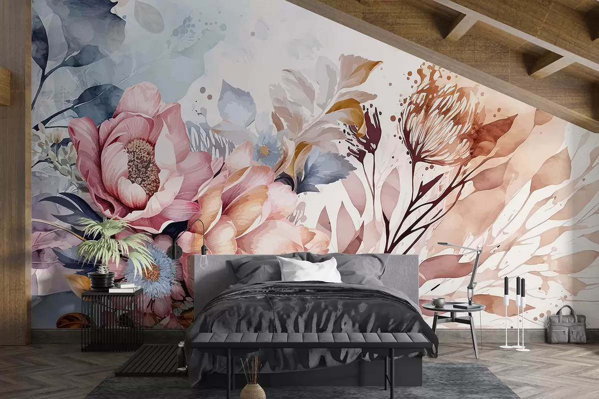 murales de pared Grandes flores rosas y azules con delicados pétalos, rodeadas de flores más pequeñas sobre un fondo de acuarela w08256
