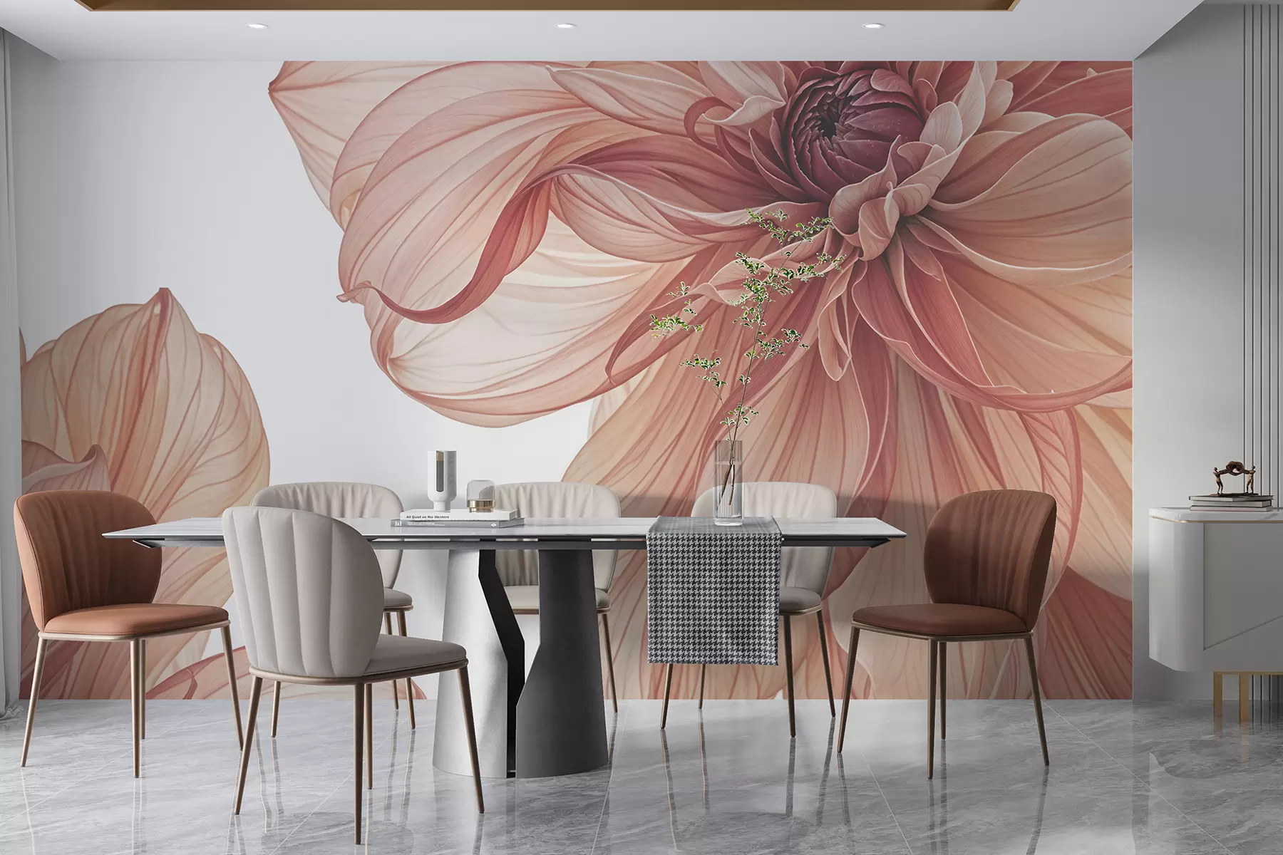 murales de pared Primer plano de varias flores grandes de dalia de color rojo vivo con pétalos suaves y delicados sobre un fondo blanco w08257