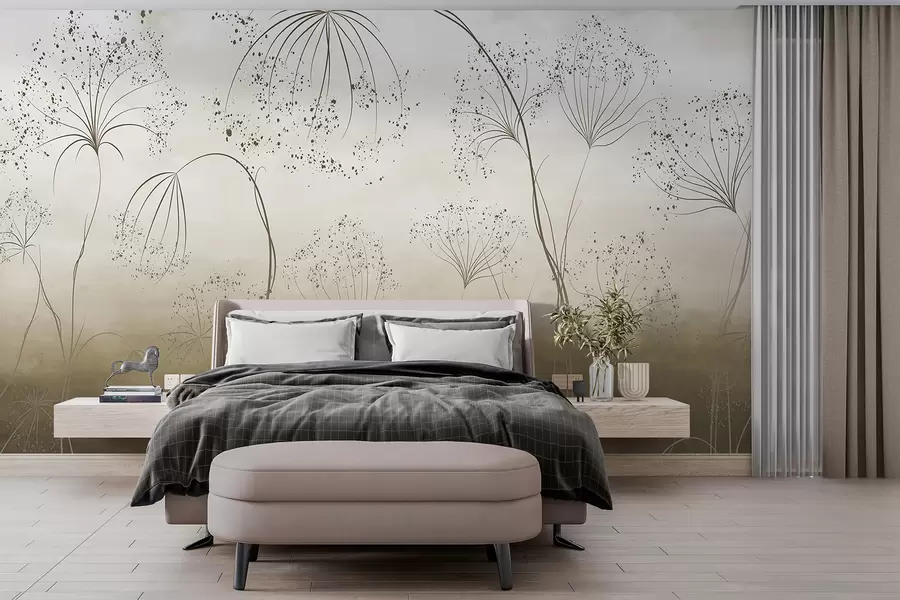 murales de pared Plantas marrones, altas y tenues, con delicadas flores en forma de paraguas o cabezas de semillas en un entorno atmosférico y brumoso w08258