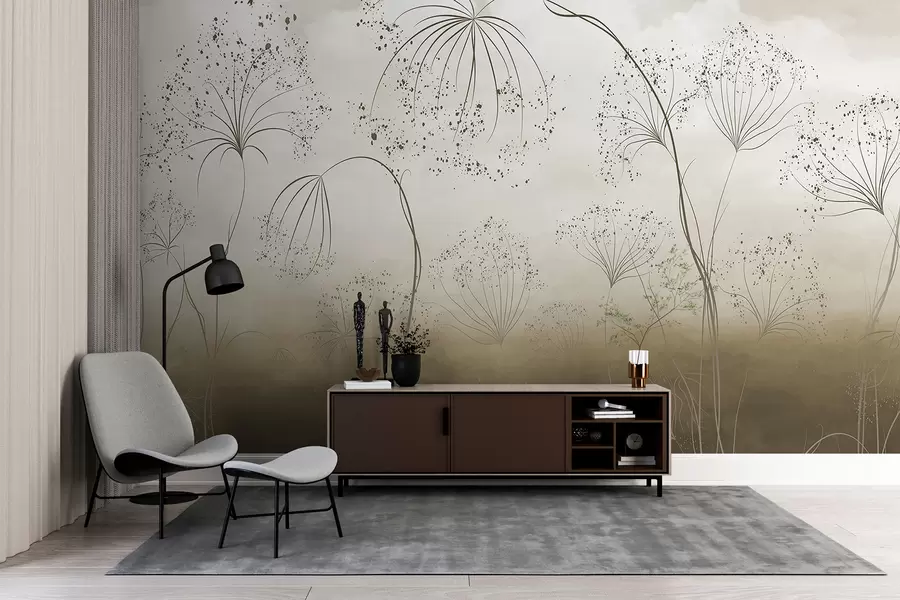 murales de pared Plantas marrones, altas y tenues, con delicadas flores en forma de paraguas o cabezas de semillas en un entorno atmosférico y brumoso w08258