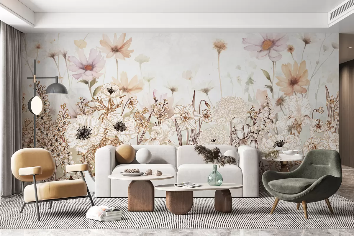 Murales de pared Un campo de flores y follaje blanco, beige y rosa sobre un fondo floral suave y difuminado w08259 murales de pared Un campo de flores y follaje blanco, beige y rosa sobre un fondo floral suave y difuminado w08259