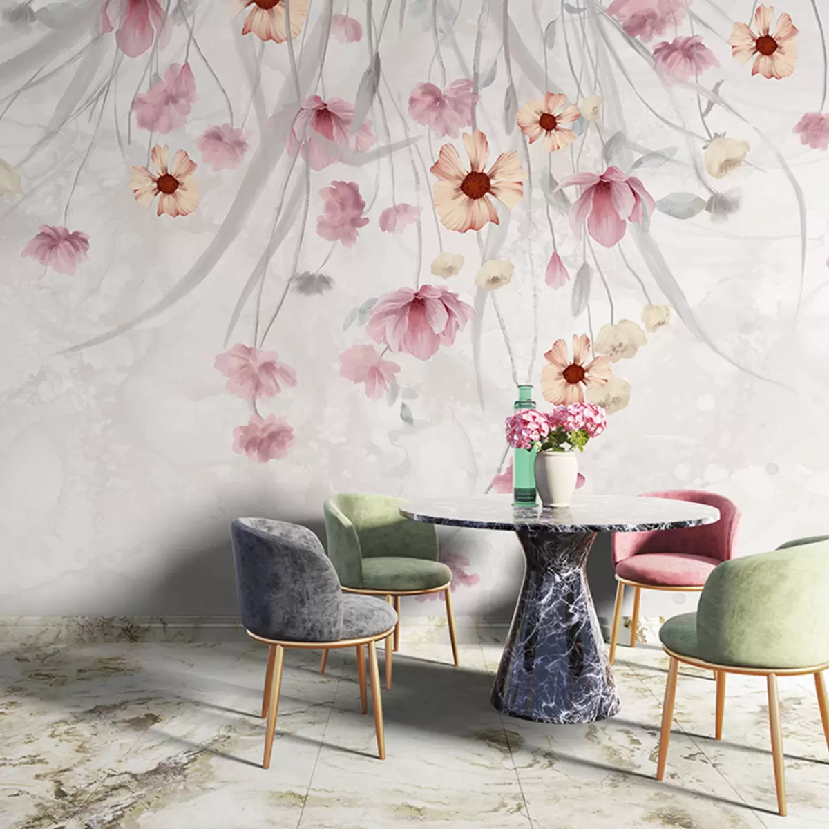 Murales de pared Delicadas flores de color rosa pastel y amarillo con centros amarillos que caen en cascada sobre un fondo suave y difuminado w08261v1 murales de pared Delicadas flores de color rosa pastel y amarillo con centros amarillos que caen en cascada sobre un fondo suave y difuminado w08261v1