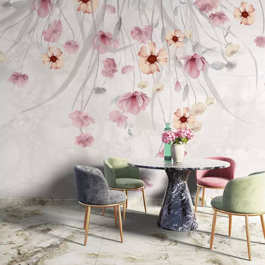 Murales de pared Delicadas flores de color rosa pastel y amarillo con centros amarillos que caen en cascada sobre un fondo suave y difuminado w08261v1 murales de pared Delicadas flores de color rosa pastel y amarillo con centros amarillos que caen en cascada sobre un fondo suave y difuminado w08261v1