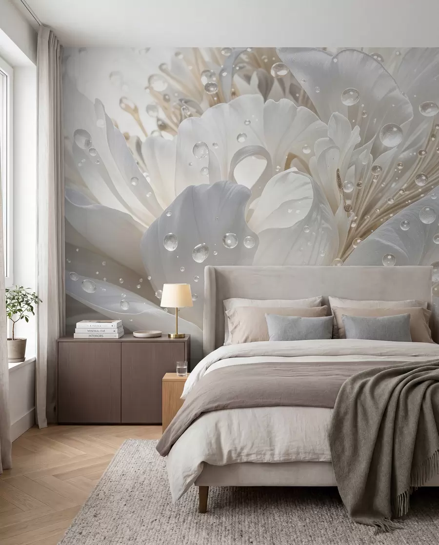 murales de pared Primer plano de una flor de peonía blanca con delicados pétalos y gotas de agua w08262