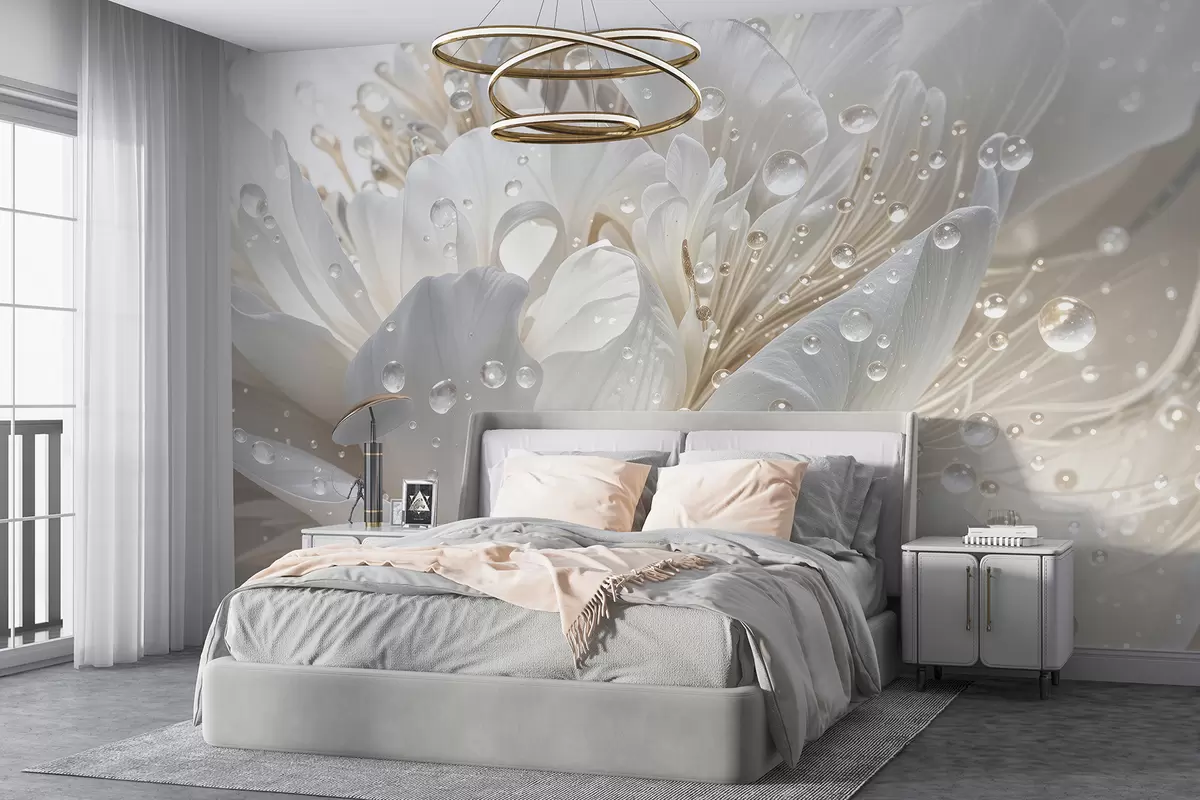 murales de pared Primer plano de una flor de peonía blanca con delicados pétalos y gotas de agua w08262