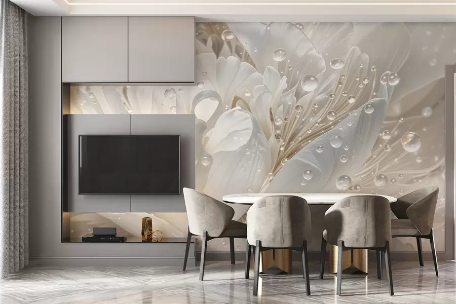 murales de pared Primer plano de una flor de peonía blanca con delicados pétalos y gotas de agua w08262