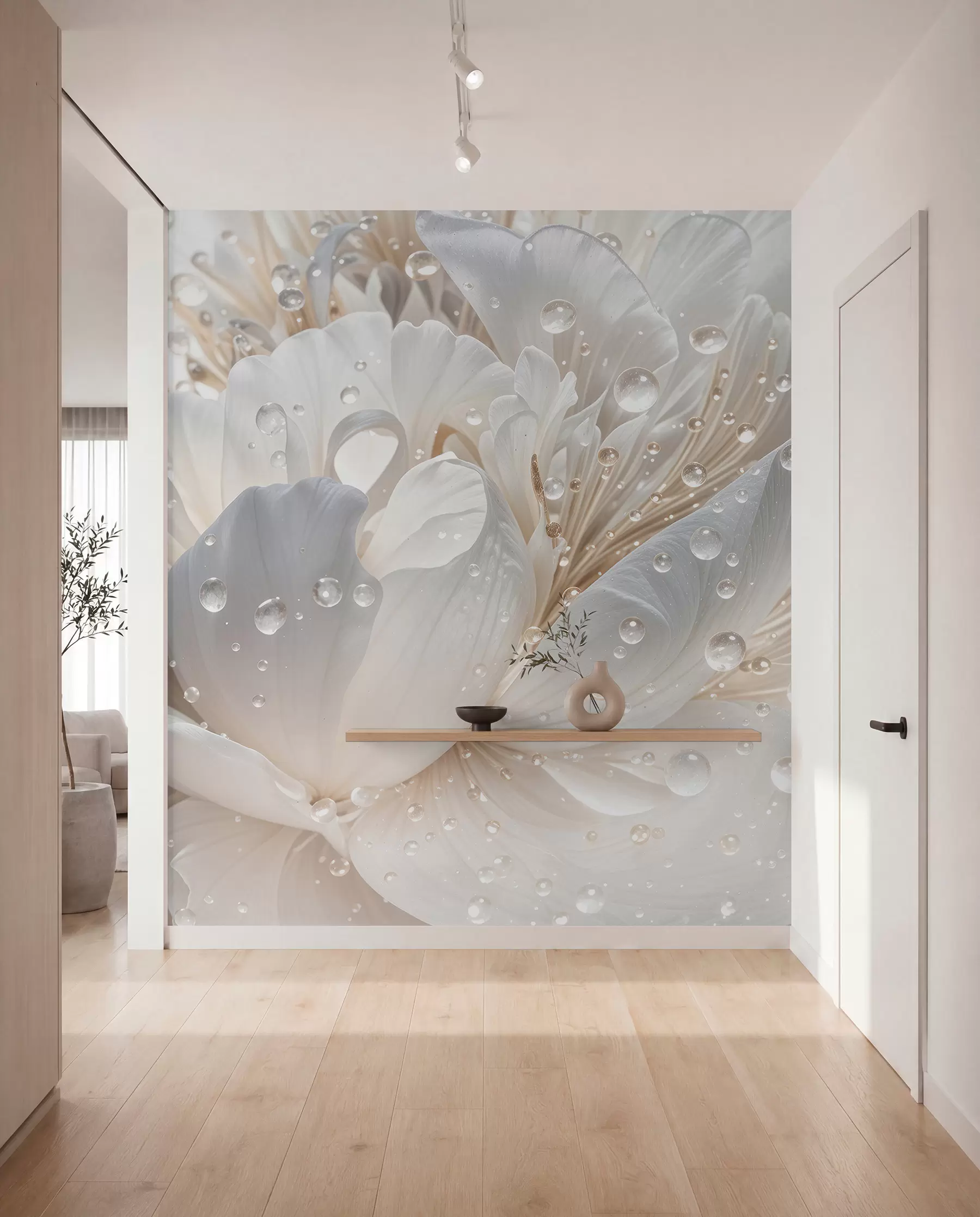 murales de pared Primer plano de una flor de peonía blanca con delicados pétalos y gotas de agua w08262