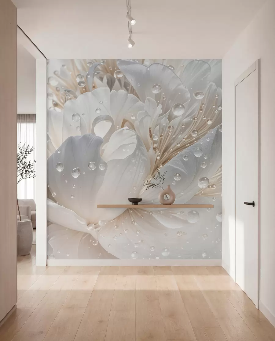 murales de pared Primer plano de una flor de peonía blanca con delicados pétalos y gotas de agua w08262