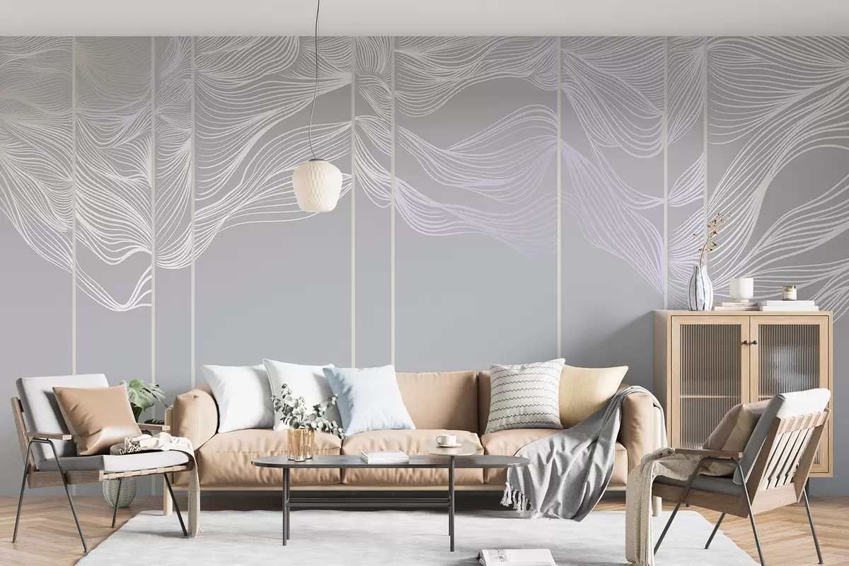 murales de pared Ondas abstractas de líneas blancas sobre fondo gris claro w08263v1