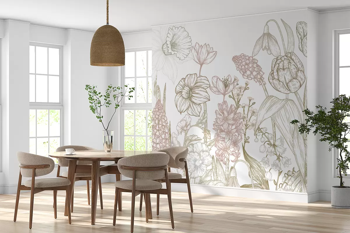 murales de pared Delicadas flores diferentes, rosas y verdes w01577