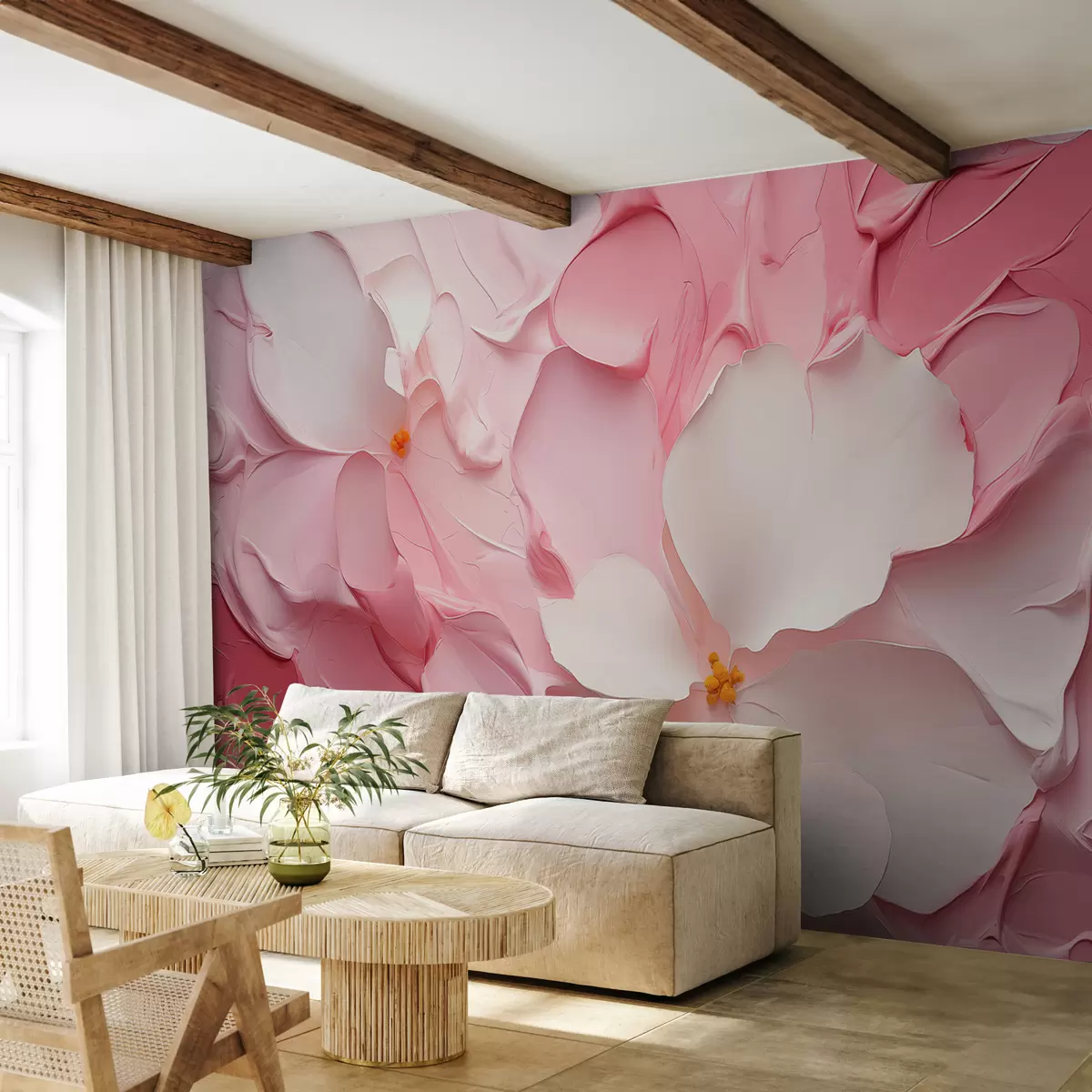 Murales de pared Flores blancas abstractas trazos de pintura de color rosa w01555 murales de pared Flores blancas abstractas trazos de pintura de color rosa w01555