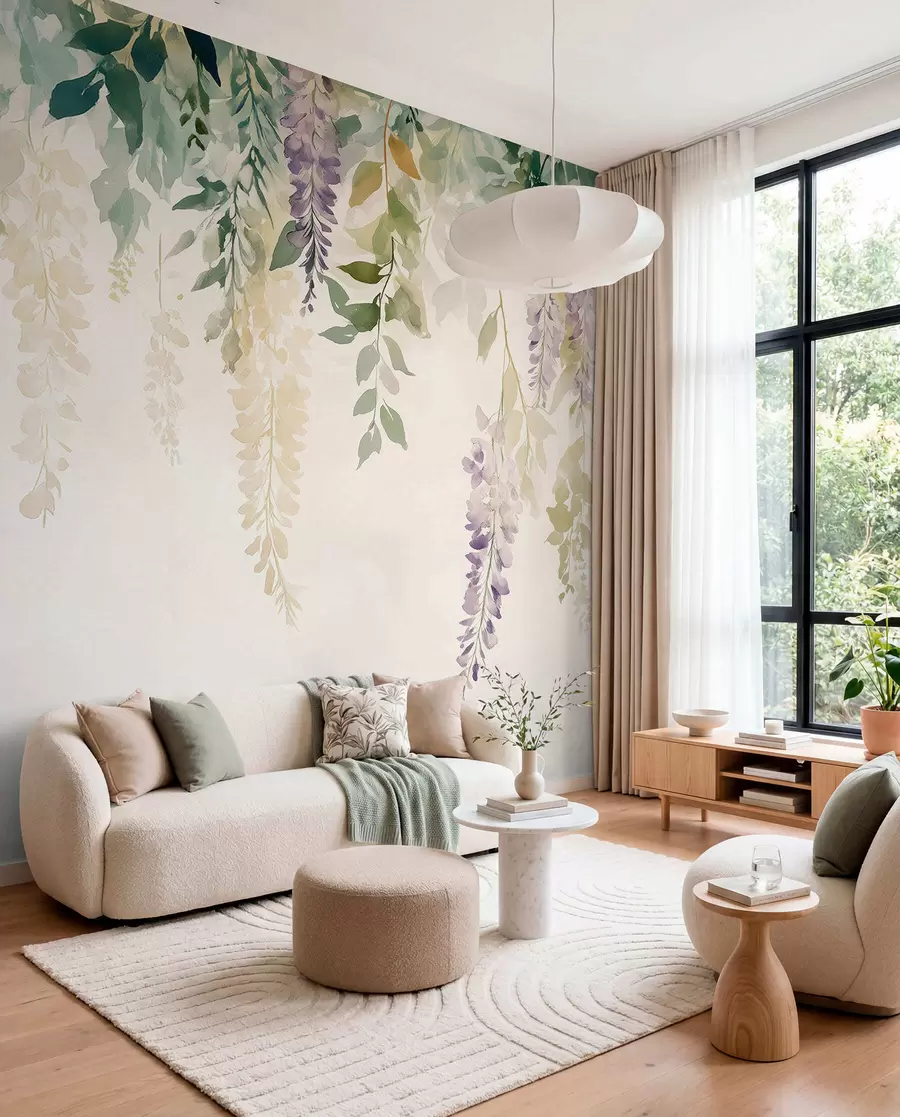 murales de pared Adorno de flor de glicina, floral, acuarela, colores naturales w01545