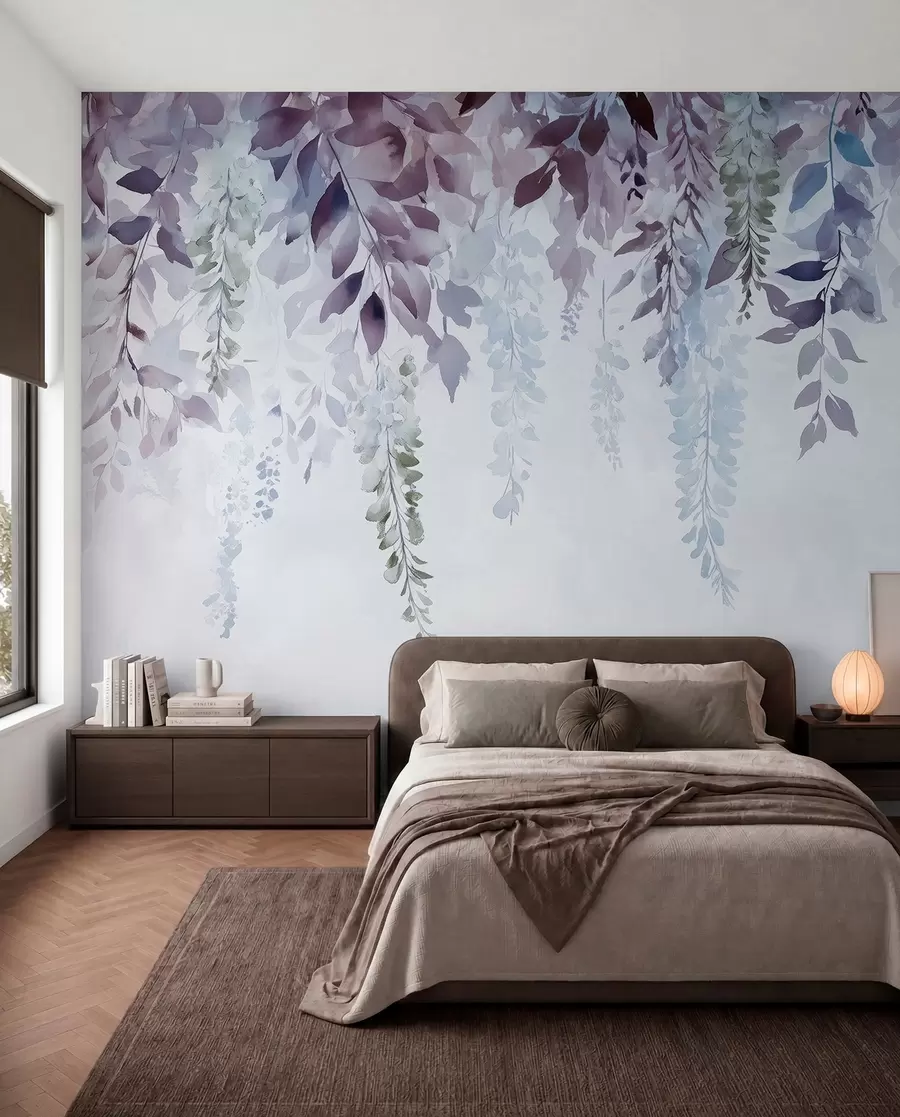 murales de pared Adorno de flor de glicina, floral, acuarela, colores azul y morado w01545v1