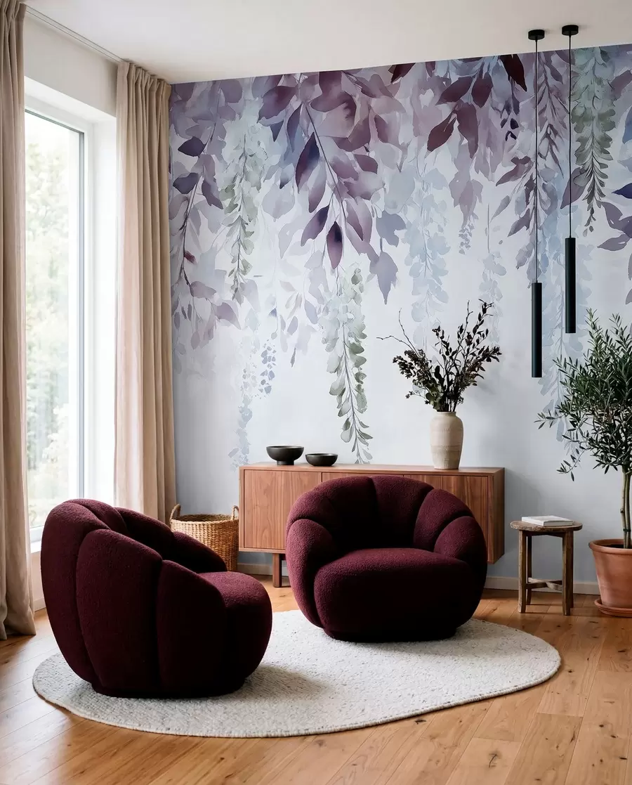 murales de pared Adorno de flor de glicina, floral, acuarela, colores azul y morado w01545v1
