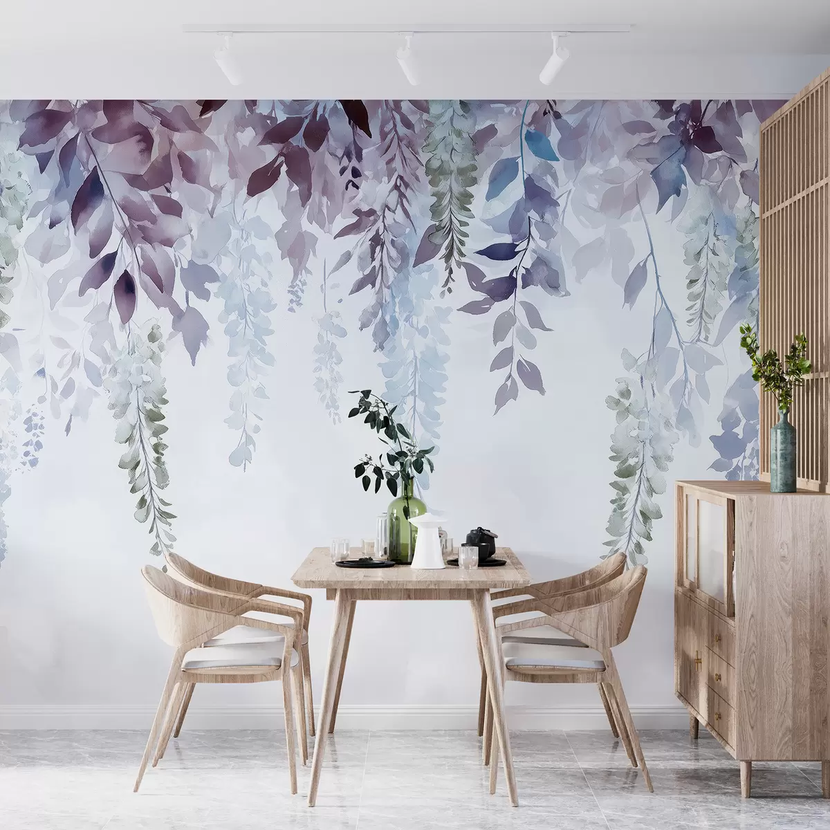 murales de pared Adorno de flor de glicina, floral, acuarela, colores azul y morado w01545v1