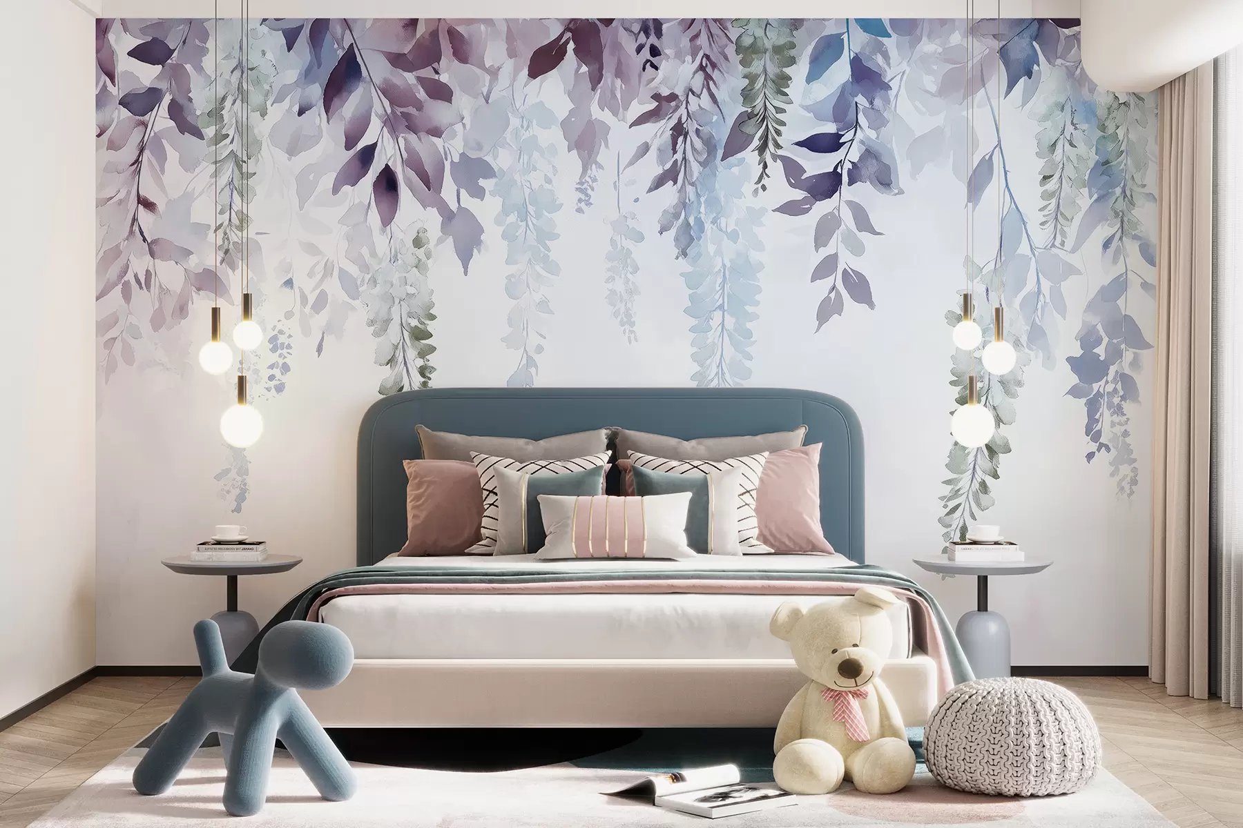 murales de pared Adorno de flor de glicina, floral, acuarela, colores azul y morado w01545v1