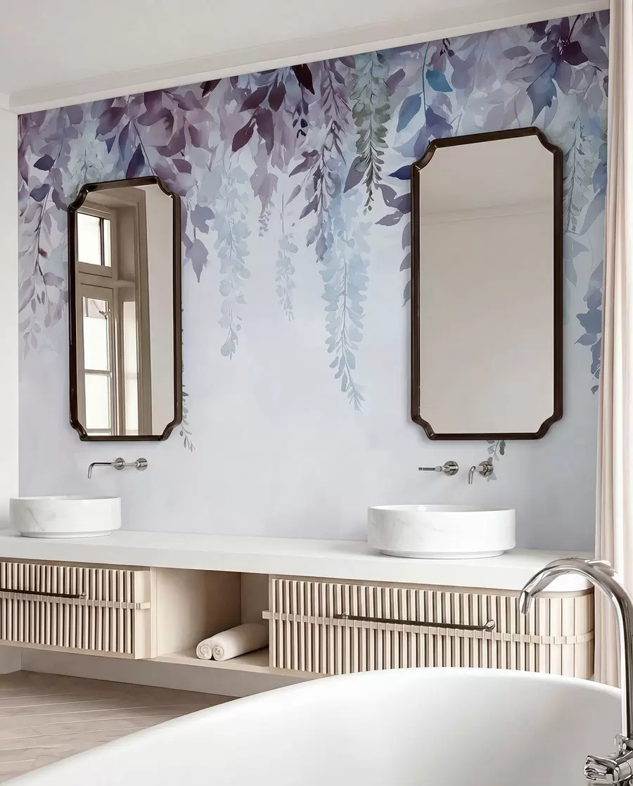 murales de pared Adorno de flor de glicina, floral, acuarela, colores azul y morado w01545v1
