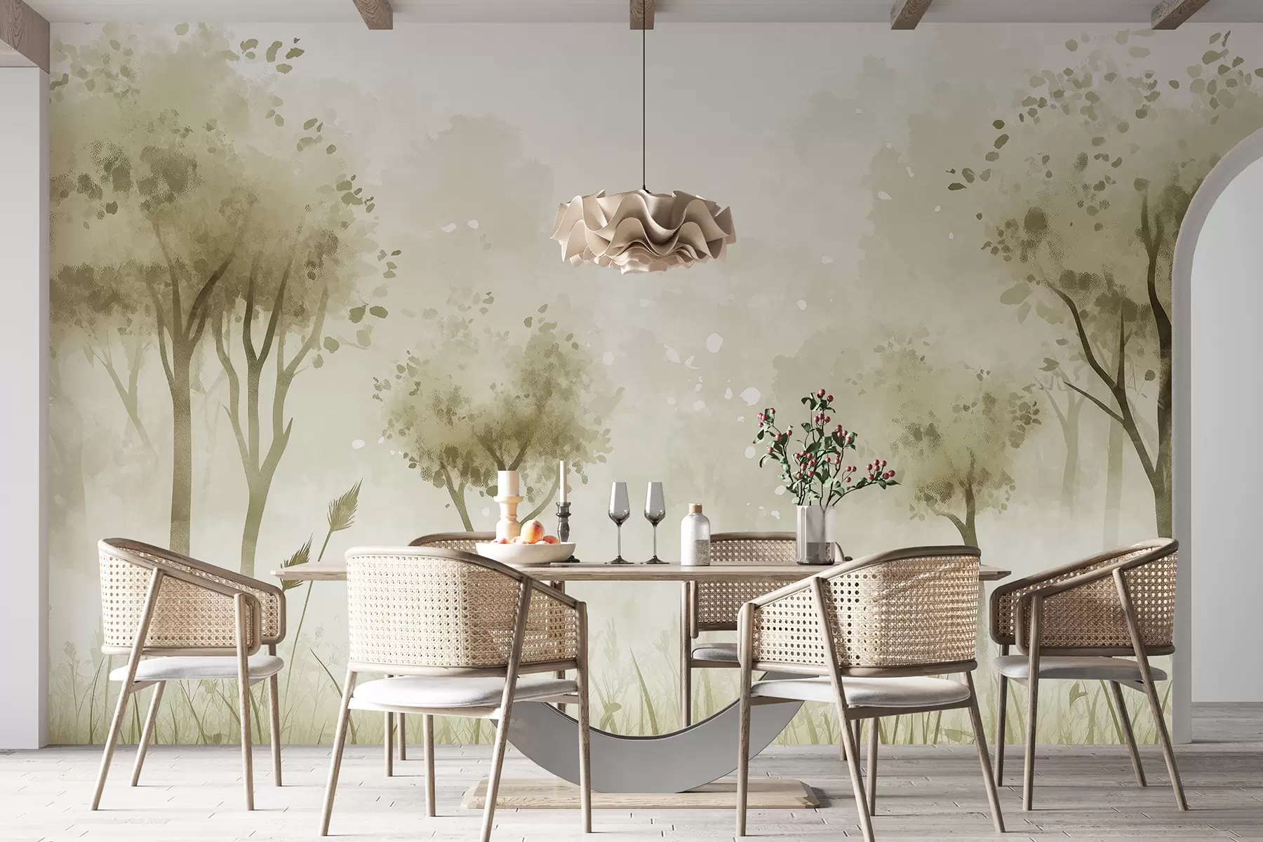 murales de pared Bosque de acuarela con hierba y árboles, color verde w01546v1