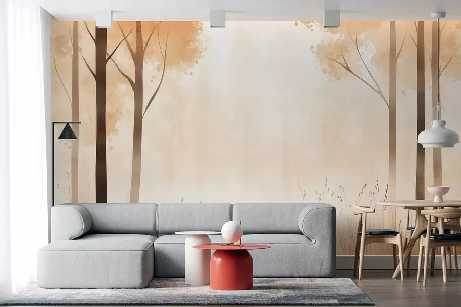 Murales de pared Acuarela bosque, niebla, árboles, hierba, paisaje natural, color beige w01563 murales de pared Acuarela bosque, niebla, árboles, hierba, paisaje natural, color beige w01563