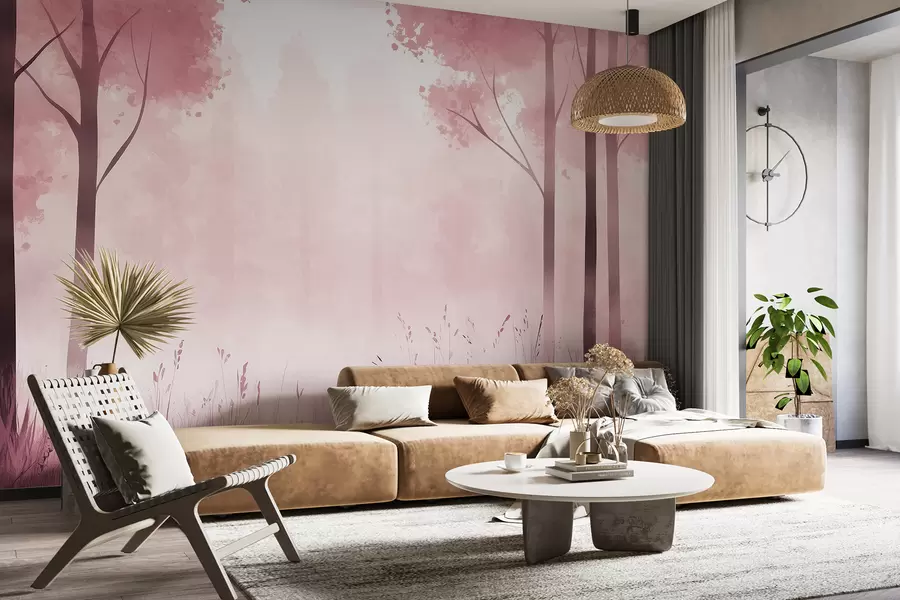 Murales de pared Acuarela bosque, niebla, árboles, hierba, paisaje natural, color rosa w01563v1 murales de pared Acuarela bosque, niebla, árboles, hierba, paisaje natural, color rosa w01563v1