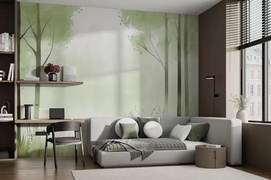 Murales de pared Acuarela bosque, niebla, árboles, hierba, paisaje natural, color verde w01563v2 murales de pared Acuarela bosque, niebla, árboles, hierba, paisaje natural, color verde w01563v2