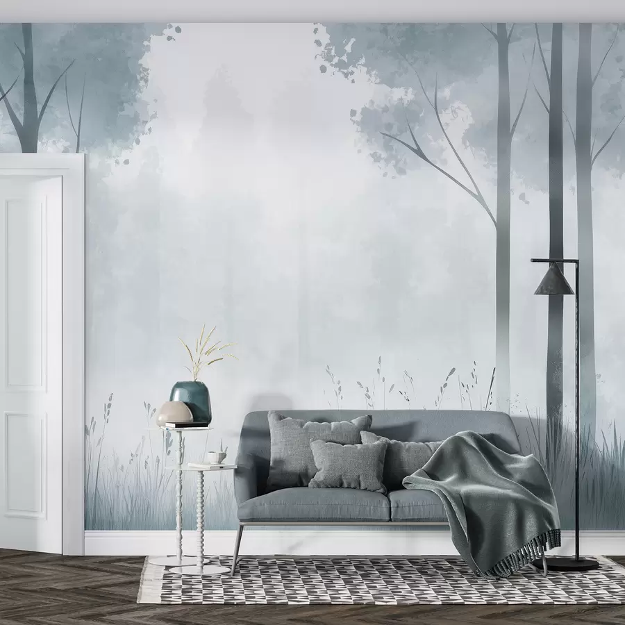 Murales de pared Acuarela bosque, niebla, árboles, hierba, paisaje natural, color gris w01563v3 murales de pared Acuarela bosque, niebla, árboles, hierba, paisaje natural, color gris w01563v3