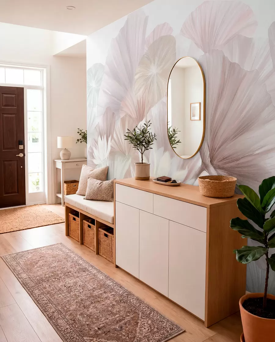 murales de pared Delicadas hojas de loto rosa con flores blancas de pétalos suaves y plumosos dispuestas en una composición artística natural w08265v1