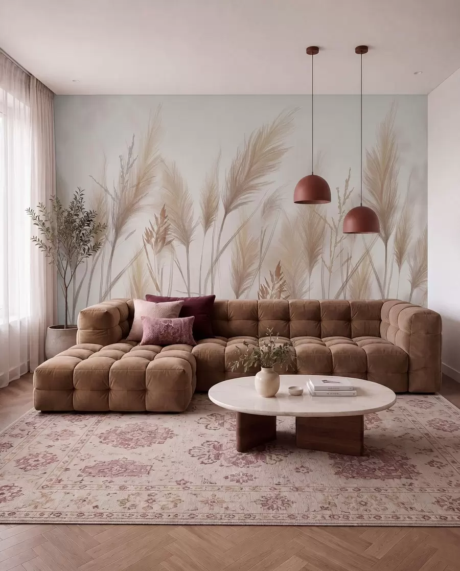 murales de pared Altas espiguillas de hierba beige mecidas por el viento sobre un fondo suave y claro w08268