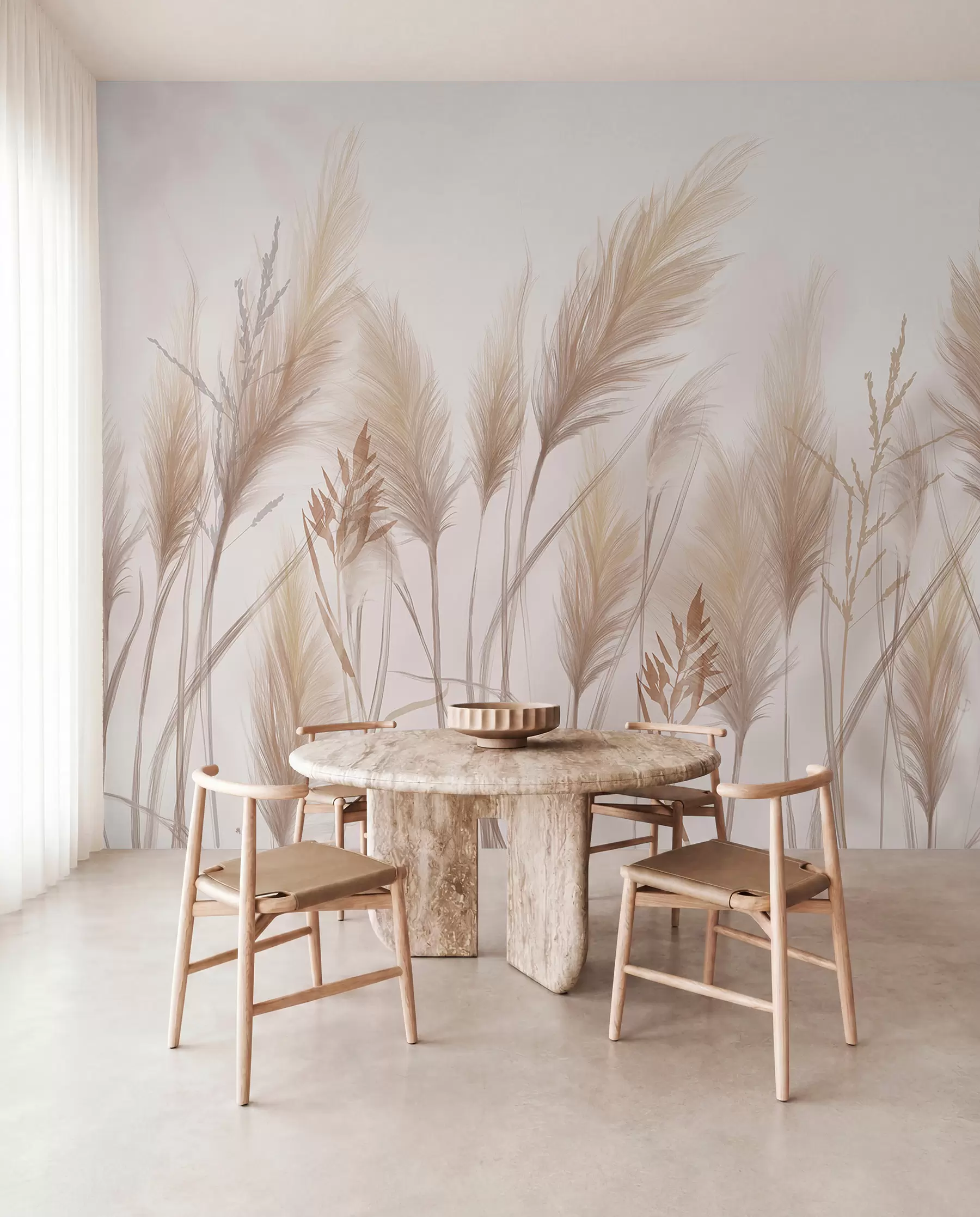 murales de pared Altas espiguillas de hierba beige mecidas por el viento sobre un fondo suave y claro w08268