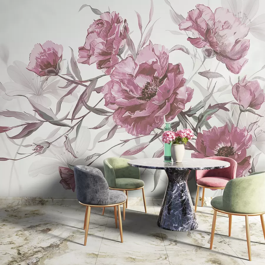 murales de pared Pintura de peonías rosas con exuberante follaje sobre un fondo abstracto claro  w08274