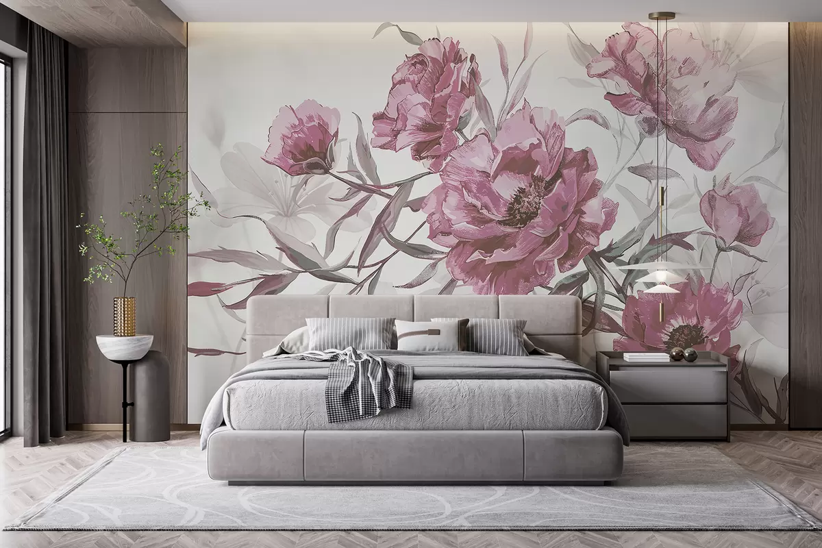 murales de pared Pintura de peonías rosas con exuberante follaje sobre un fondo abstracto claro  w08274