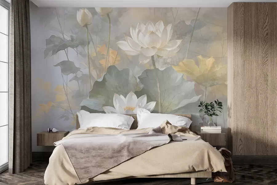 murales de pared Flores de loto blancas con hojas en un estanque con un suave fondo difuminado amarillo y verde w08275