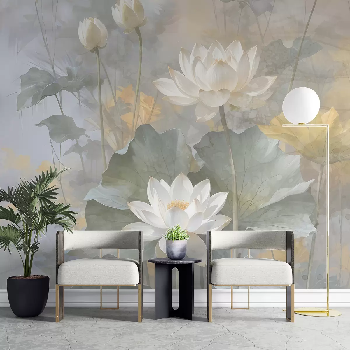Murales de pared Flores de loto blancas con hojas en un estanque con un suave fondo difuminado amarillo y verde w08275 murales de pared Flores de loto blancas con hojas en un estanque con un suave fondo difuminado amarillo y verde w08275