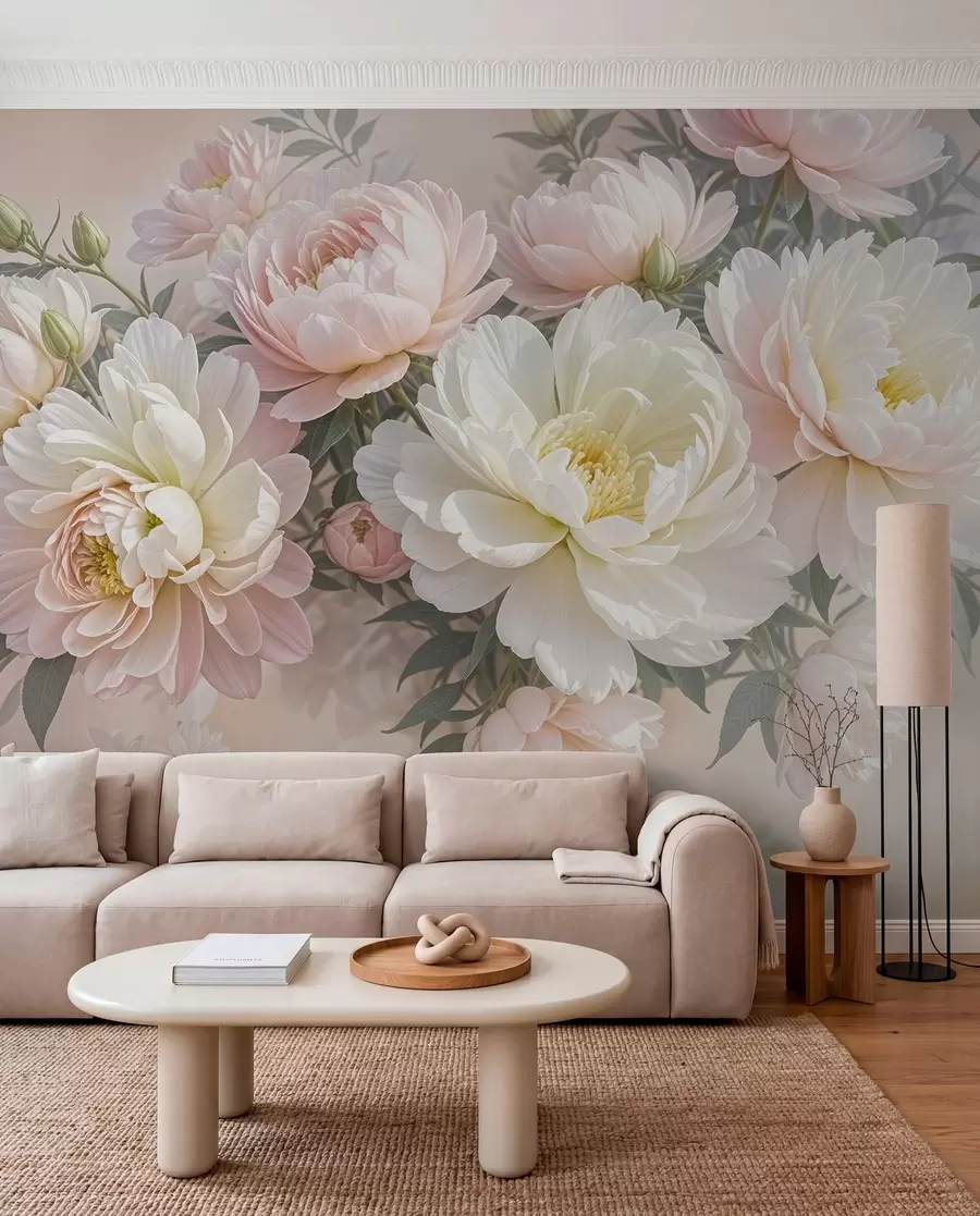 murales de pared Un ramo de exuberantes peonías de colores pastel y otras flores sobre un fondo suave y difuminado  w08276